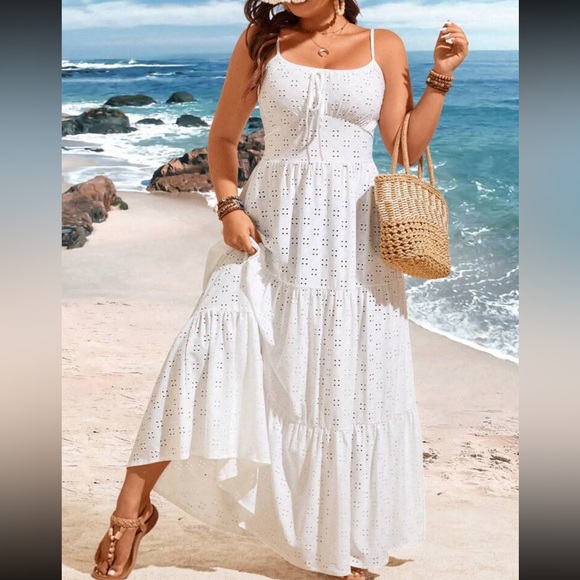 Boho Sheer Mesh Eyelet Lace Maxi Dress White - Picture 5 of 6